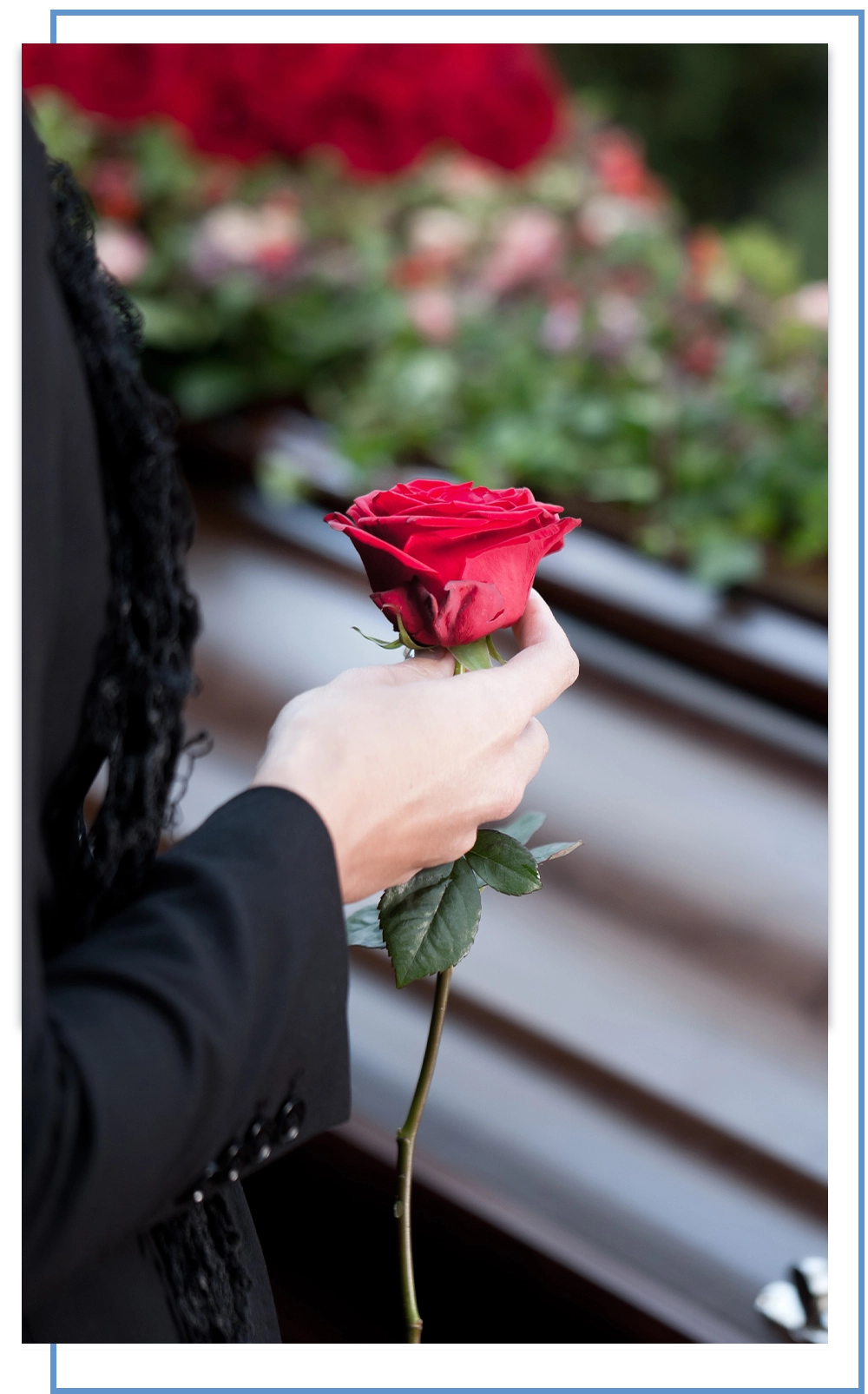 woman's hand holding flowers next to casket