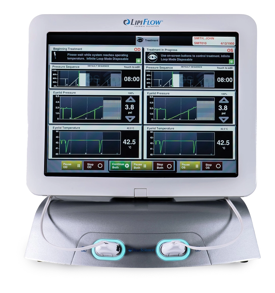 LipiFlow thermal pulsation device with on-screen pressure and temperature readings displayed during treatment.