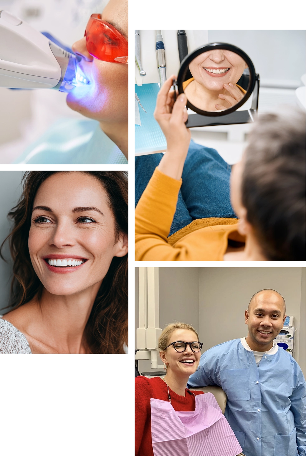 Patient looking in a handheld mirror at her smile inside a dental exam room