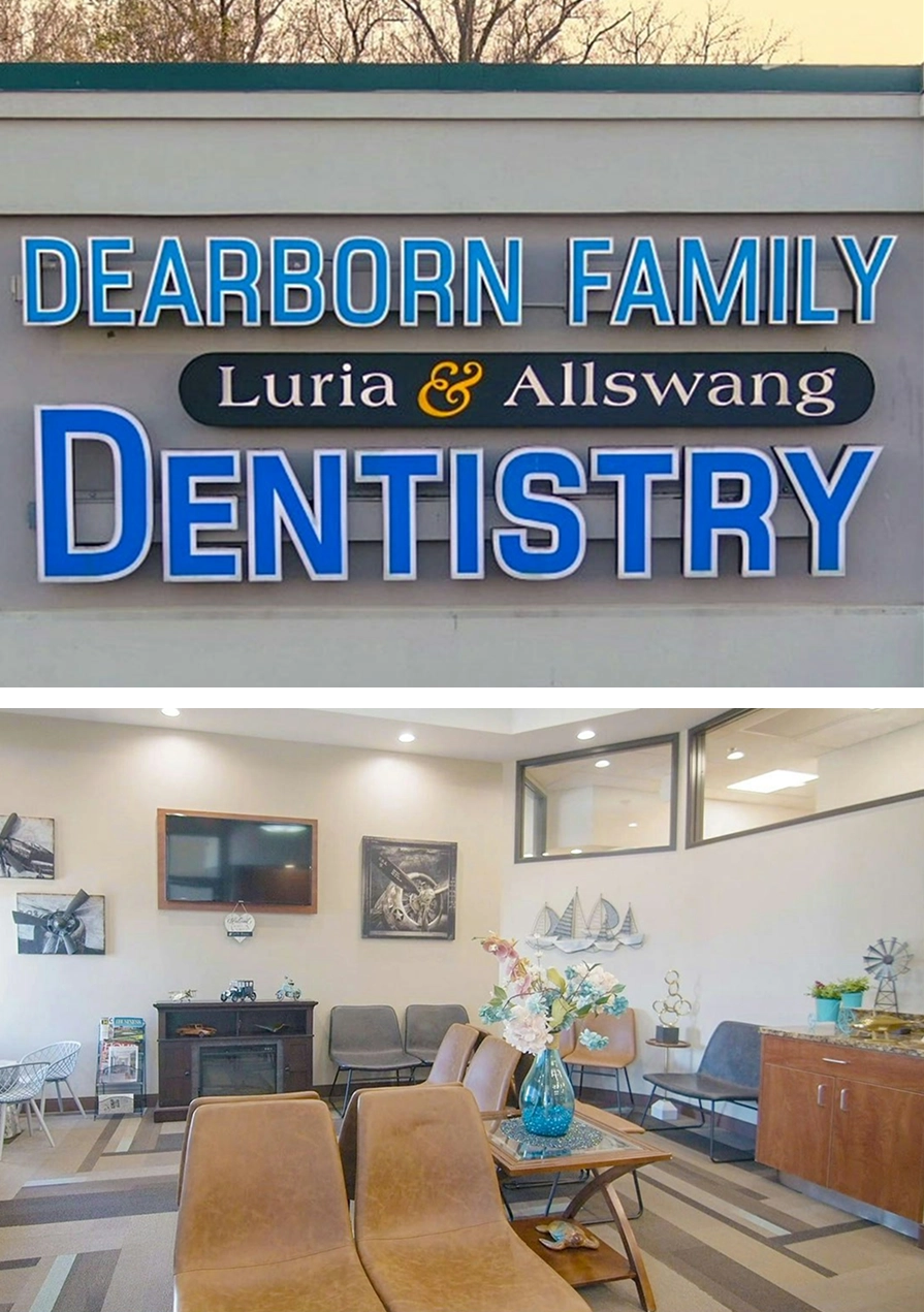 our office sign and waiting room collage