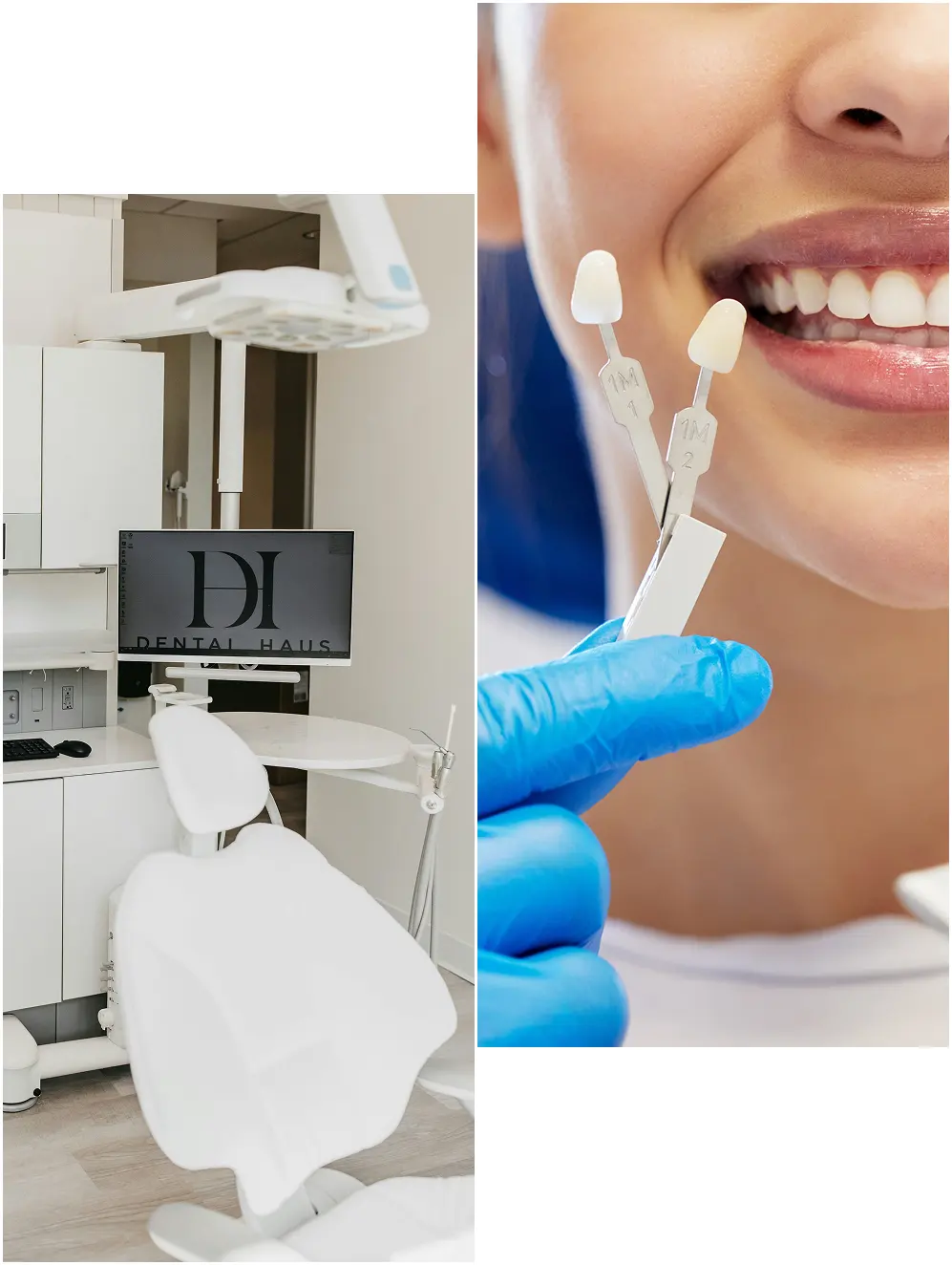 Dental operatory at Dental Haus Germantown with white chair and monitor, alongside close-up of smiling patient holding veneer shade tabs.