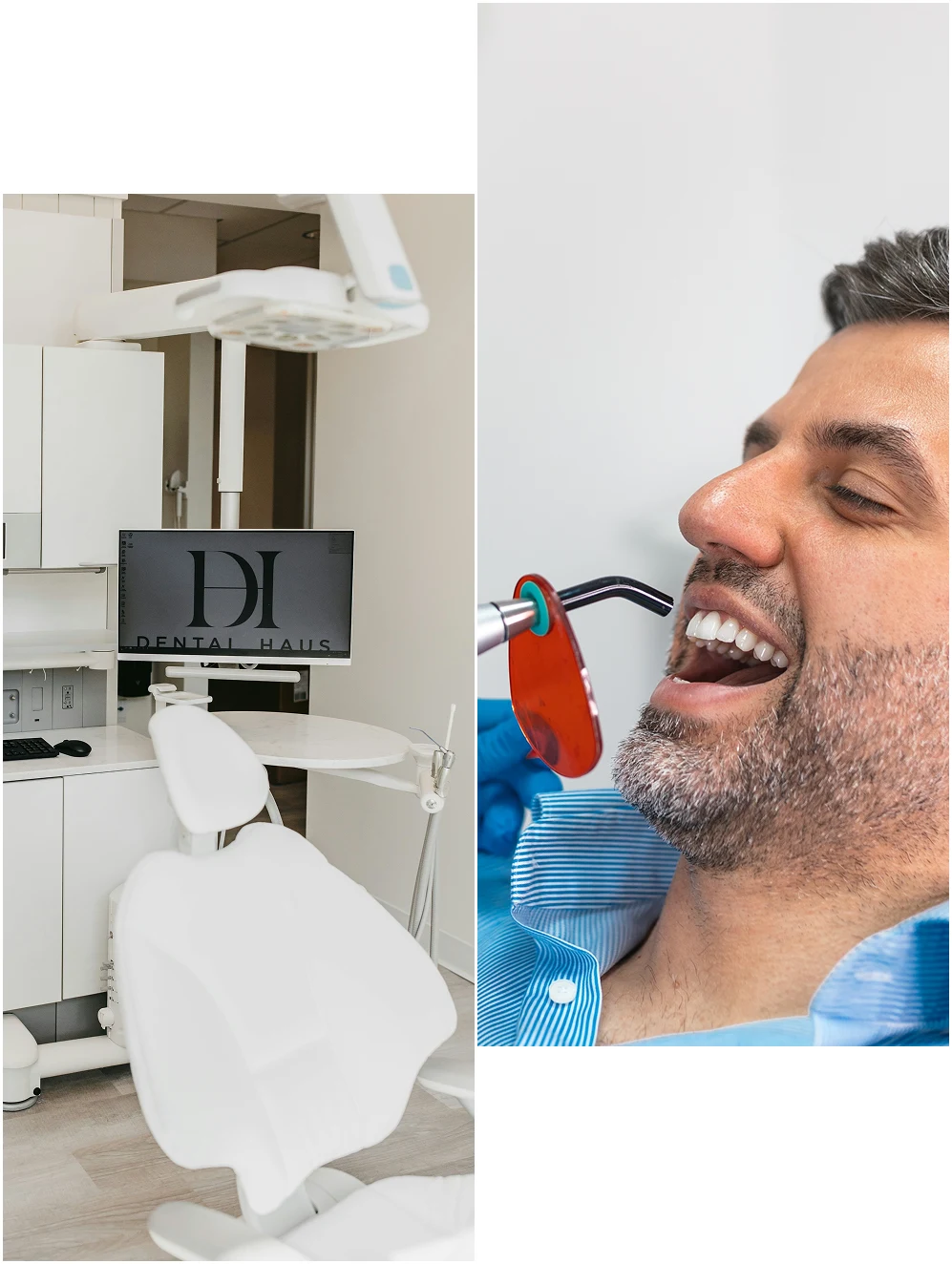 Collage of exam room and patient during a cleaning