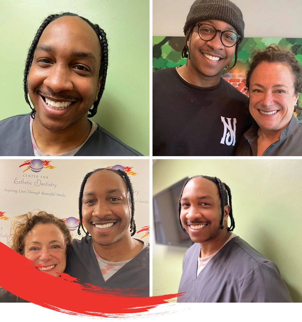 Smiling male patient photographed with Dr. Lerch in multiple images, including solo shots and photos taken at the Center for Esthetic Dentistry