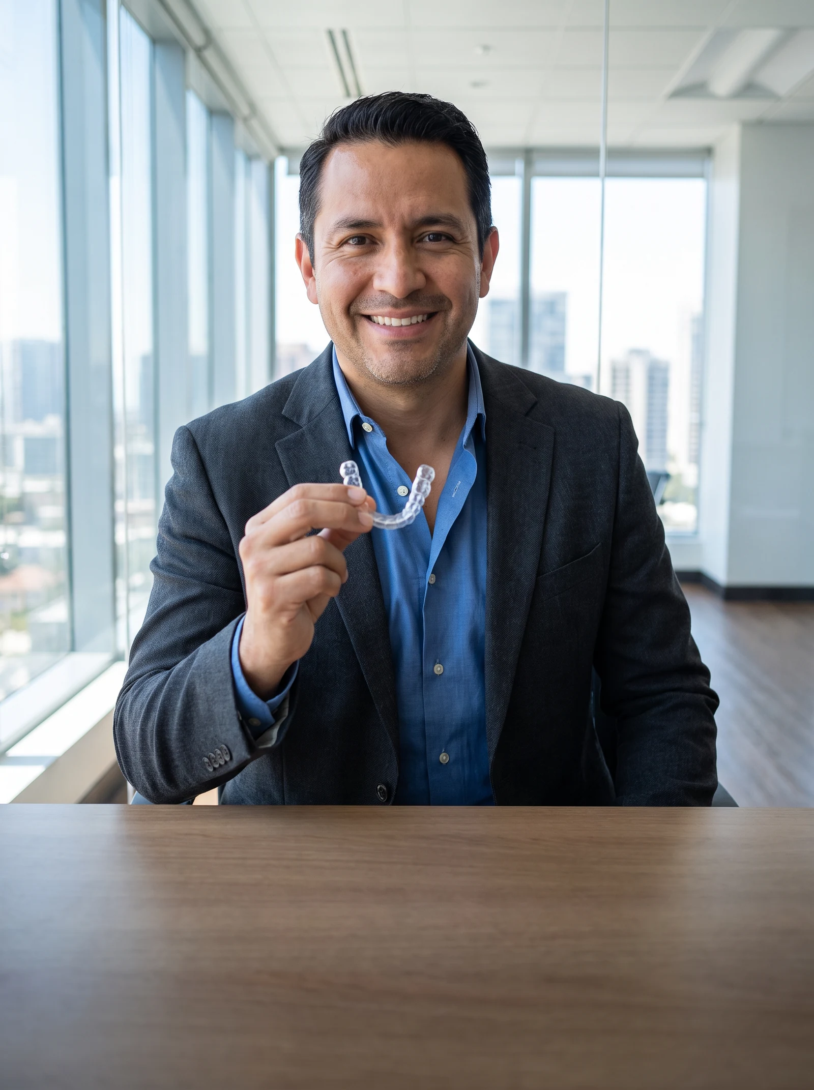 Business man holding a clear aligner