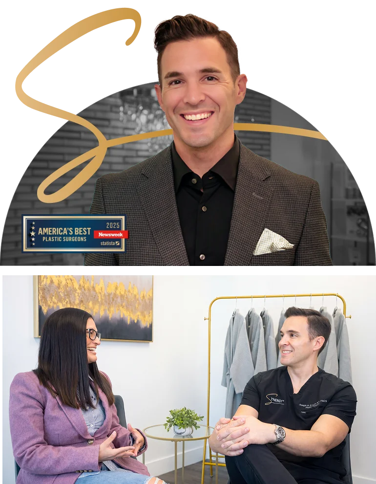 Collage of Dr. Brown, SynergyMD's logo, and Dr. Brown with patient