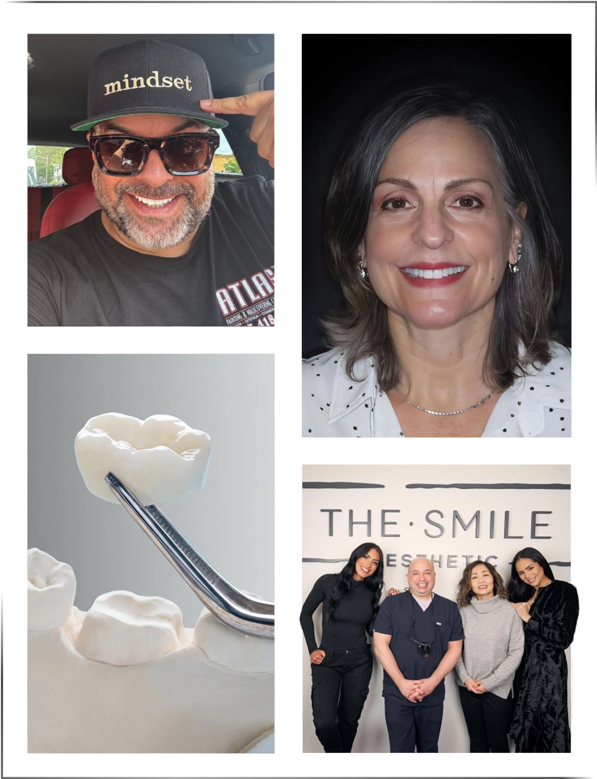 Collage featuring two smiling dental patients, a close-up of a porcelain crown, Dr. Goldstein with his team
