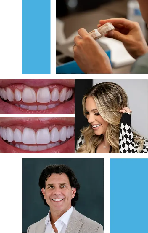 Dr. Nabors, model of teeth, and veneers patient with a beautiful smile
