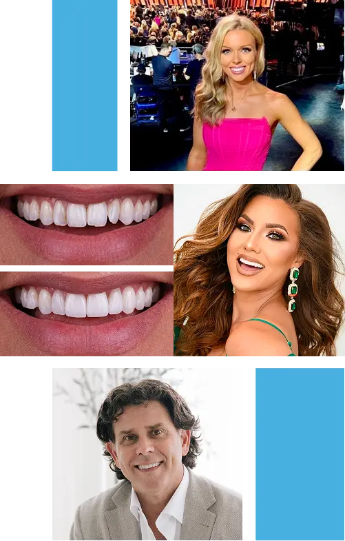 Dr. Nabors, model of teeth, and veneers patient with a beautiful smile