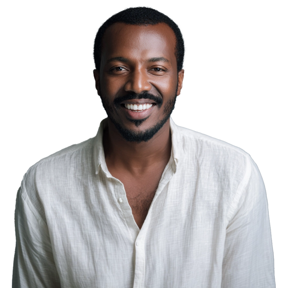 smiling man in white shirt