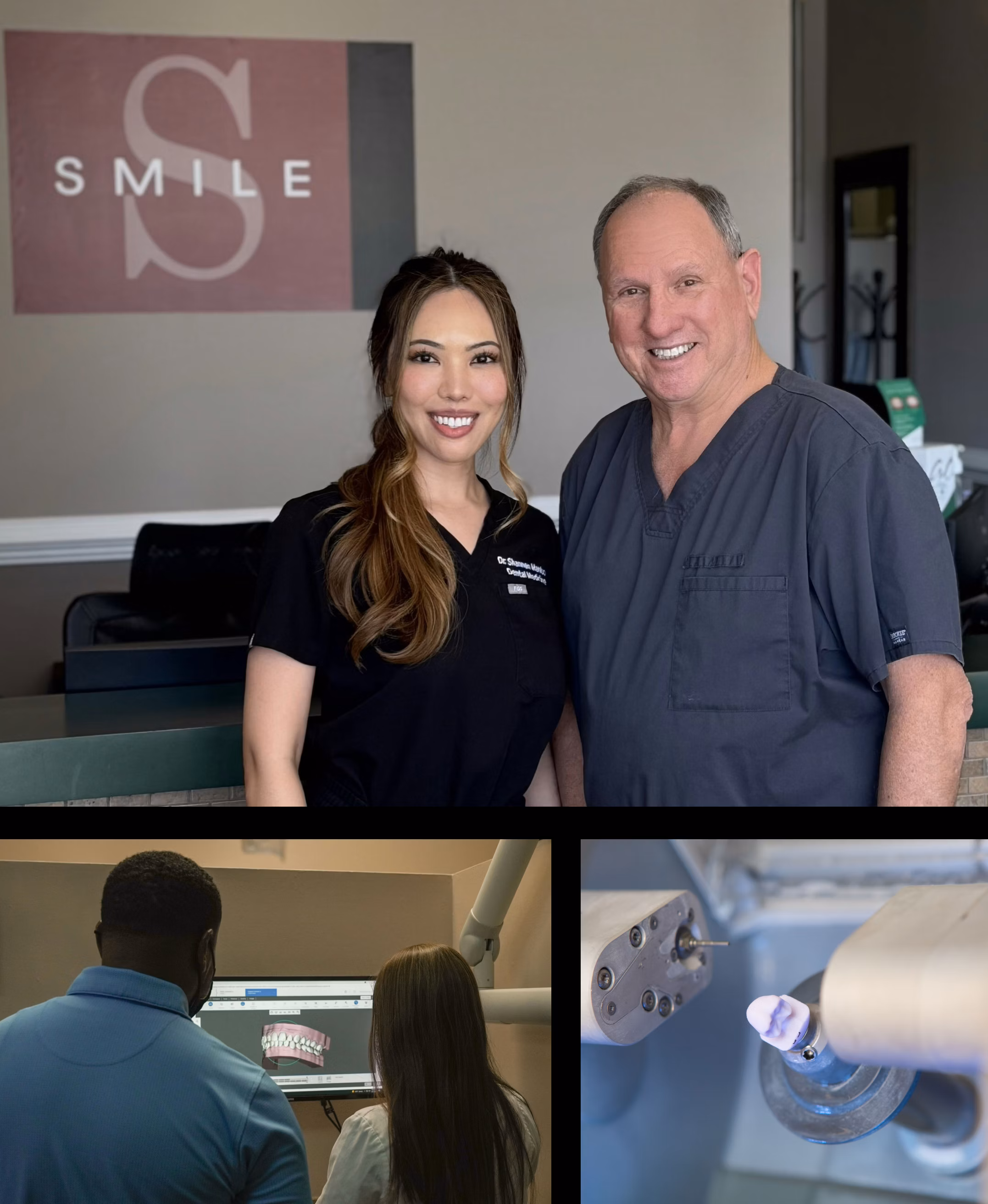 Dr. Victor R. Siegel, Dr. Shannen Manlucu, patient being educated, and CEREC machine