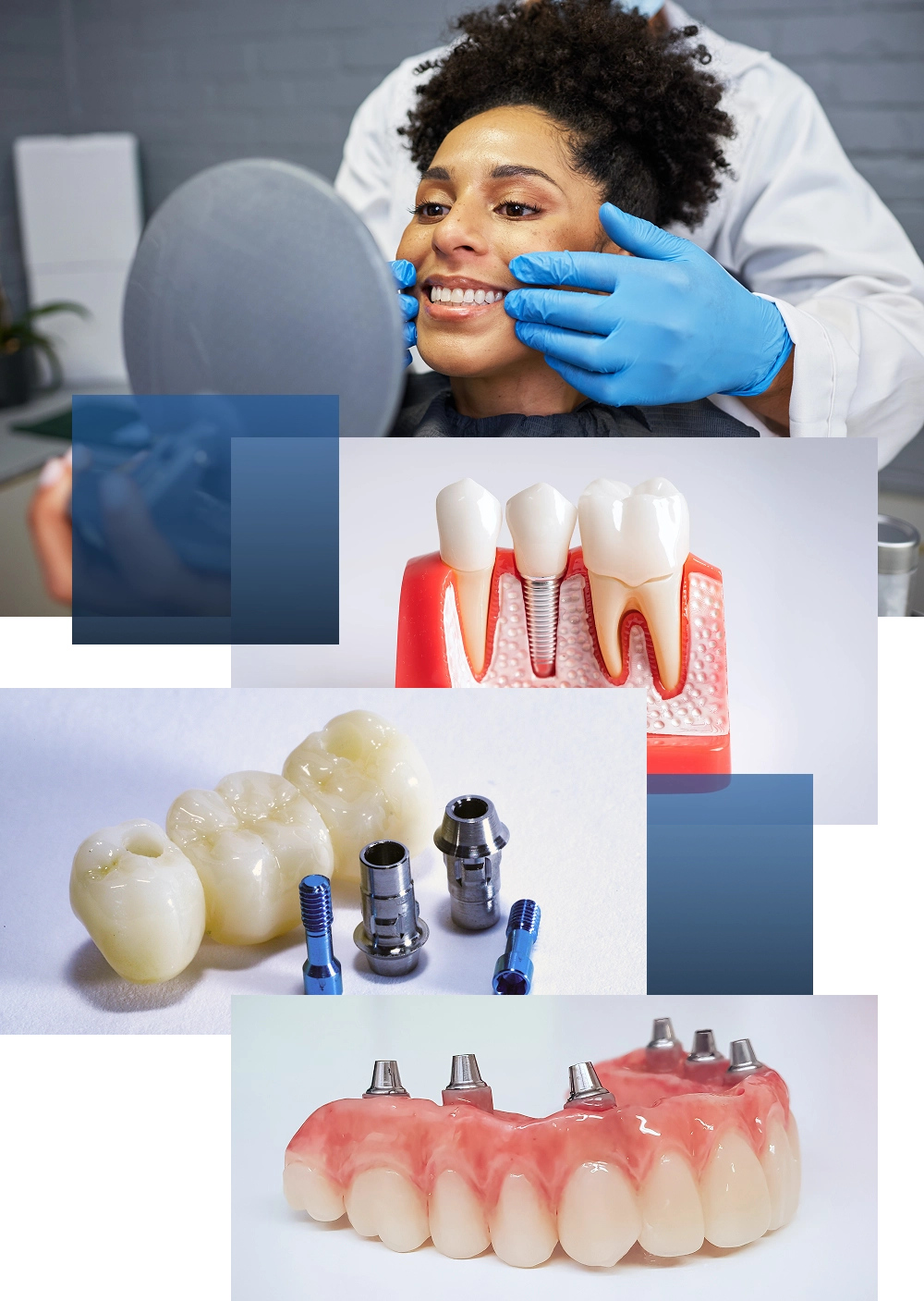 Implant patient smiling at the dentist and implant components